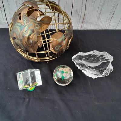 Brass and Copper World ball - Glass paperweight Earth and a glass Asian accent cube