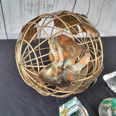 Brass and Copper World ball - Glass paperweight Earth and a glass Asian accent cube