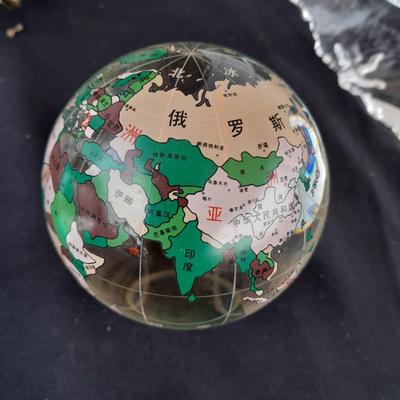 Brass and Copper World ball - Glass paperweight Earth and a glass Asian accent cube