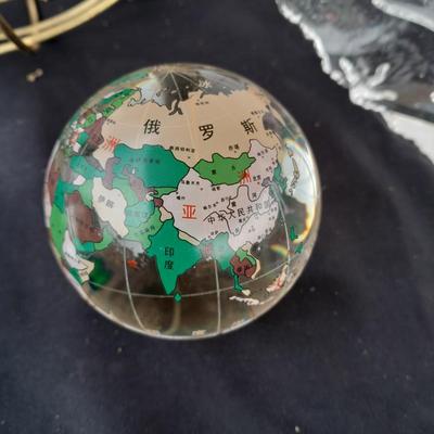 Brass and Copper World ball - Glass paperweight Earth and a glass Asian accent cube