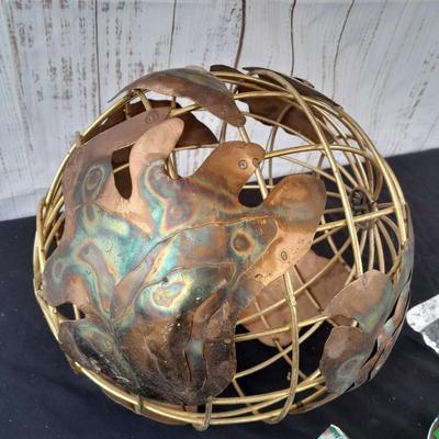 Brass and Copper World ball - Glass paperweight Earth and a glass Asian accent cube