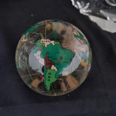 Brass and Copper World ball - Glass paperweight Earth and a glass Asian accent cube