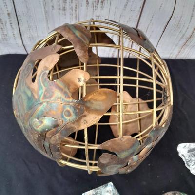 Brass and Copper World ball - Glass paperweight Earth and a glass Asian accent cube