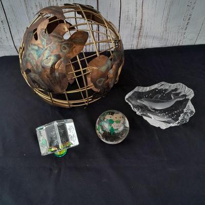 Brass and Copper World ball - Glass paperweight Earth and a glass Asian accent cube