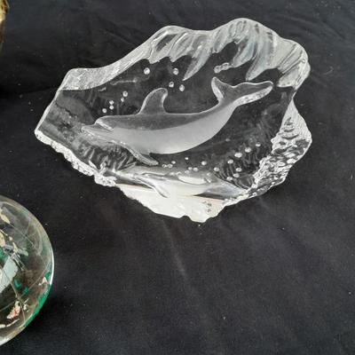 Brass and Copper World ball - Glass paperweight Earth and a glass Asian accent cube