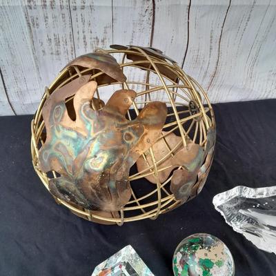 Brass and Copper World ball - Glass paperweight Earth and a glass Asian accent cube