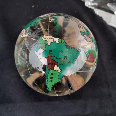 Brass and Copper World ball - Glass paperweight Earth and a glass Asian accent cube