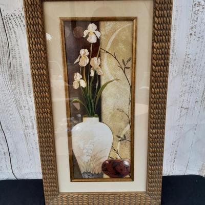 Floral wall art - two matching canvass pictures and a large, framed vase with flowers