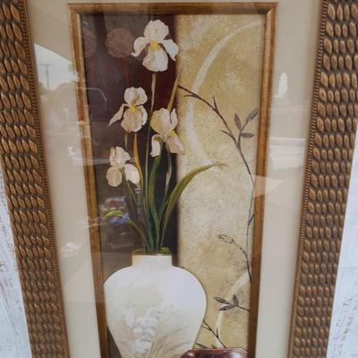 Floral wall art - two matching canvass pictures and a large, framed vase with flowers