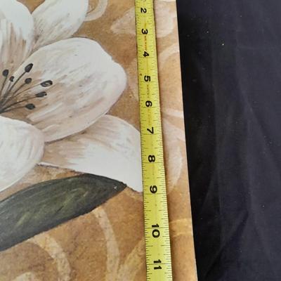 Floral wall art - two matching canvass pictures and a large, framed vase with flowers