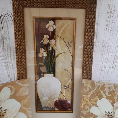 Floral wall art - two matching canvass pictures and a large, framed vase with flowers