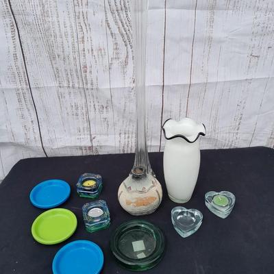 Beautiful blown glass vase with tall vase and candle holders