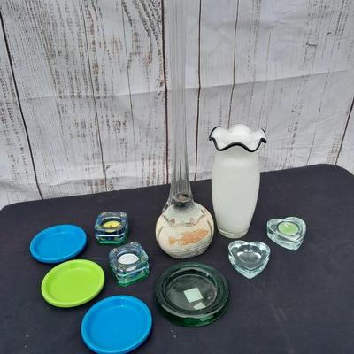 Beautiful blown glass vase with tall vase and candle holders