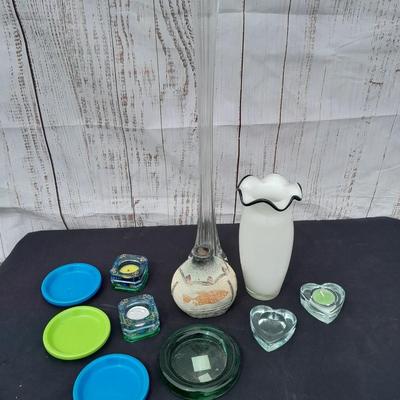 Beautiful blown glass vase with tall vase and candle holders