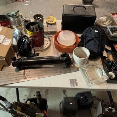 Chandelier, heaters, dog collar, miscellaneous home and garage