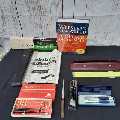 Vintage office items - slide rulers - Ink pen kit and more
