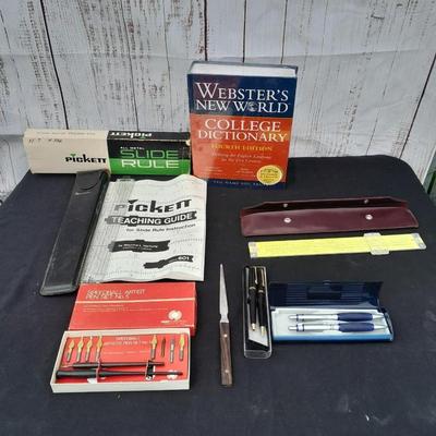 Vintage office items - slide rulers - Ink pen kit and more