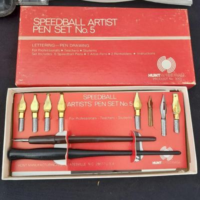 Vintage office items - slide rulers - Ink pen kit and more