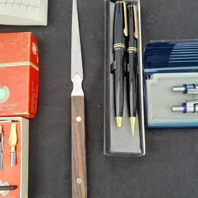 Vintage office items - slide rulers - Ink pen kit and more