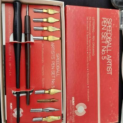 Vintage office items - slide rulers - Ink pen kit and more