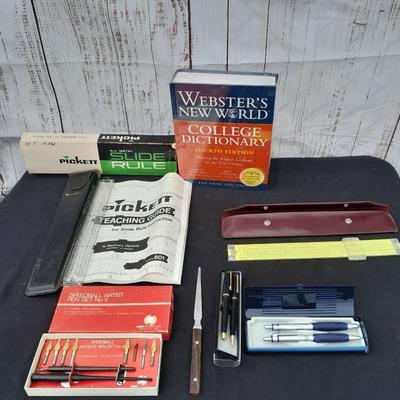 Vintage office items - slide rulers - Ink pen kit and more