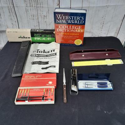 Vintage office items - slide rulers - Ink pen kit and more