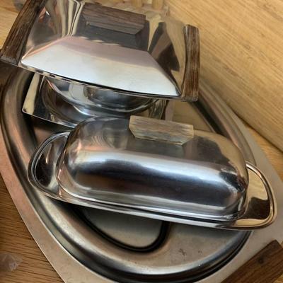 Mid Century Service Lot Wood Stainless
