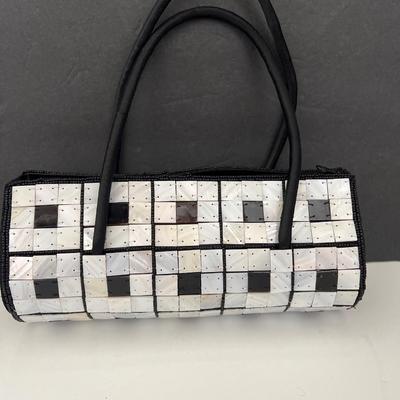 Vintage Sequined Off Shoulder Evening Dress & MOP Handbag