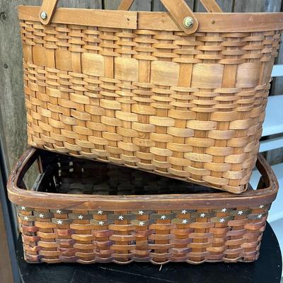 Two Mid Century Handwoven Rattan Handled Baskets