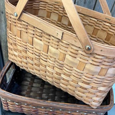 Two Mid Century Handwoven Rattan Handled Baskets