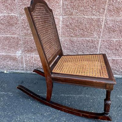 Petite Vintage Wood and Cane Rocking Chair