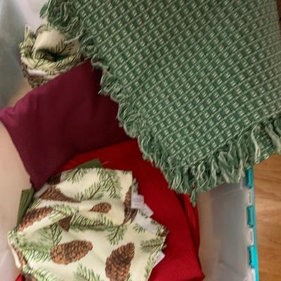 Large Tub - Christmas Dining Linens Lot - Table Runners Tablecloths Napkins Placemats