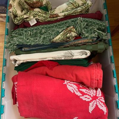 Large Tub - Christmas Dining Linens Lot - Table Runners Tablecloths Napkins Placemats