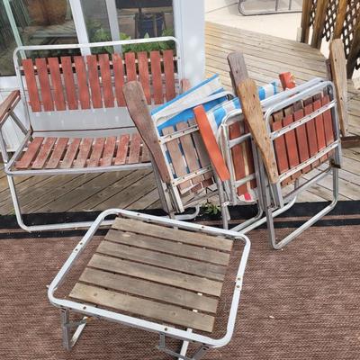 Set of vintage aluminum and wood patio furniture