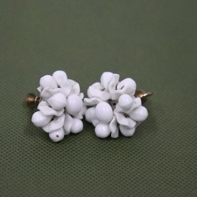 Vintage Cluster Earrings White Milk Glass Beads Czech Screw Back
