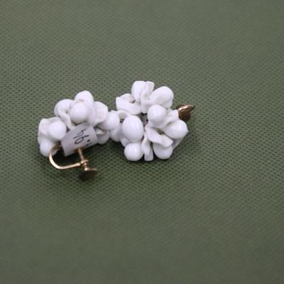 Vintage Cluster Earrings White Milk Glass Beads Czech Screw Back