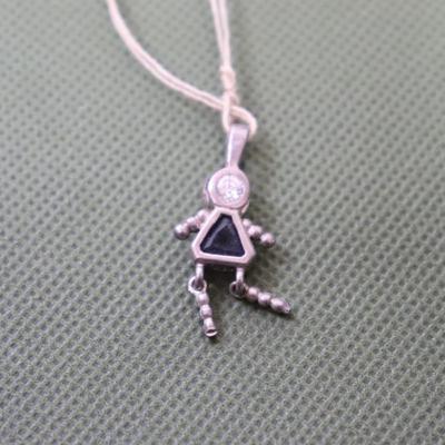 Small Silvertone Stick Figure Girl with Clear Rhinestone Head & Blue Tria