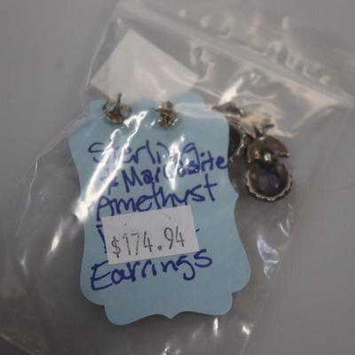 Sterling Marcasite w/Flower Dangle Earrings, Real Amethyst!