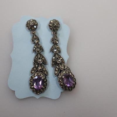 Sterling Marcasite w/Flower Dangle Earrings, Real Amethyst!