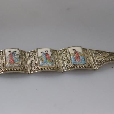 Chinese Scrimshaw & Wire Work Bracelet 
