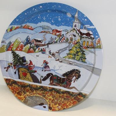 Vintage Christmas Tray Snow Scene Tin Round Serving Tray