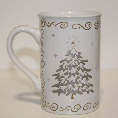 KIC Terri Fosson Holiday Christmas Gold & White Coffee Mugs
