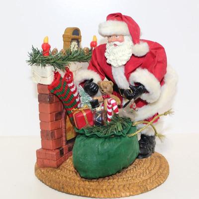Santa Claus Figurine Christmas Sculpture, Santa by Fireplace Tree with Presents