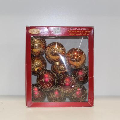 Vintage Red Gold Scroll Glass Christmas Ornament Set