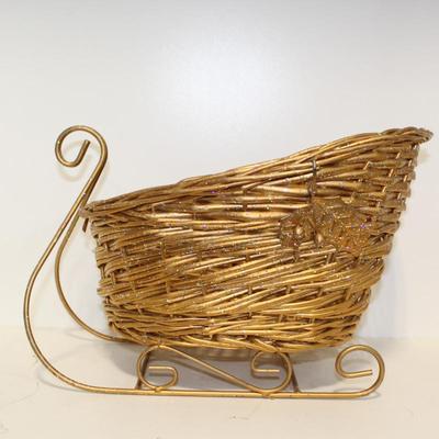 Gold Wicker Basket Sleigh Metal Runners Centerpiece 10.5”x7.5”x6.5”