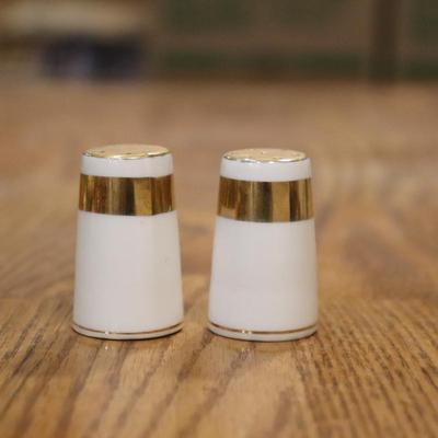 White salt and pepper shakers with gold rim