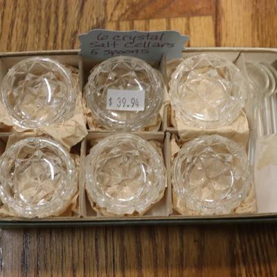 6 Crystal Salt Cellars & 5 spoons