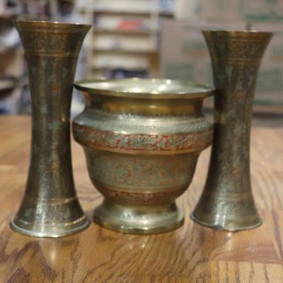 20th Century Engraved Brass Vase with 2 brass enamel inlaid vases