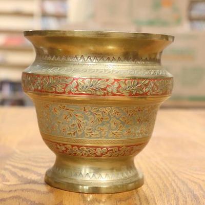 20th Century Engraved Brass Vase with 2 brass enamel inlaid vases