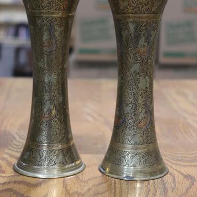 20th Century Engraved Brass Vase with 2 brass enamel inlaid vases